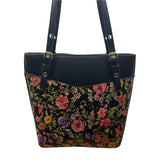 Anne Klein Floral Print Black Faux Leather Gold Accent Zipper Closure Tote Bag