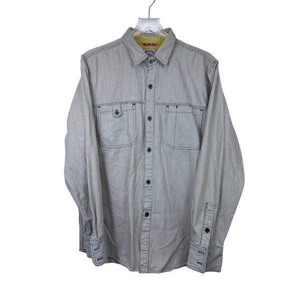Iron And Resin Mens Beige Striped Button-Up Shirt Long Sleeve Cotton Large