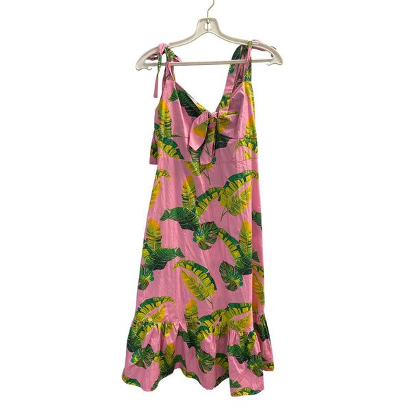 Title: Pink & Green Sleeveless Tropical Maxi Dress With Leaf Print