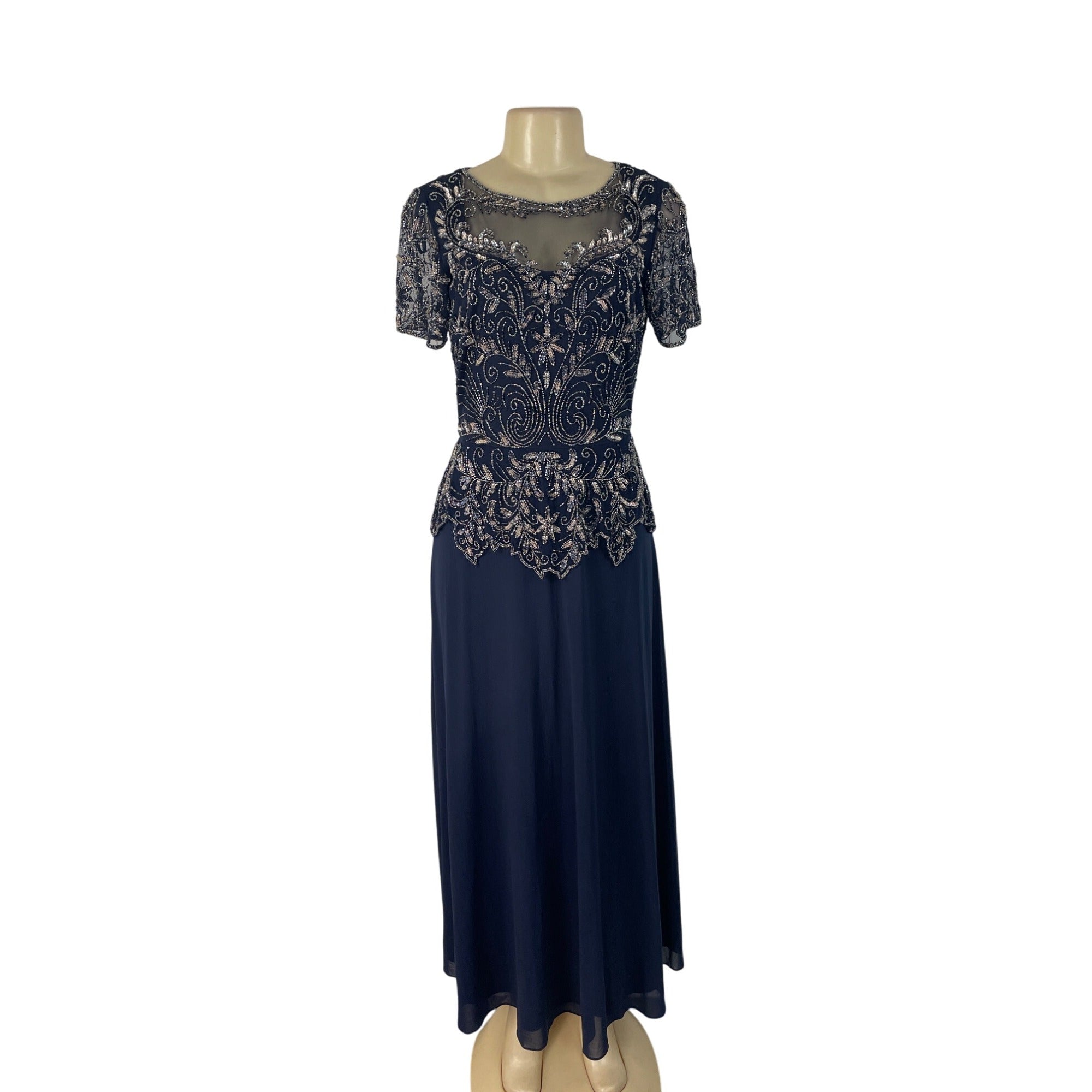 Vintage Pisarro Nights Navy Beaded Embellished Gown Short Sleeve Dress Size 6 Vintage Pisarro Nights Navy Beaded Embellished Gown Short Sleeve Dress Size 6