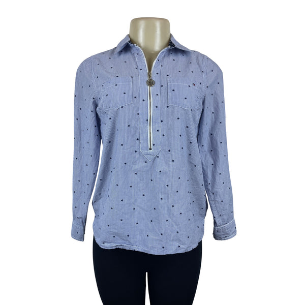 Tommy Hilfiger Blue & White Striped Star Print Womens Long Sleeve Shirt Sz PS