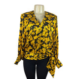 Vintage Giuliana Yellow Black Floral Wrap Blouse With Tie Waist Long Sleeve Sz 8