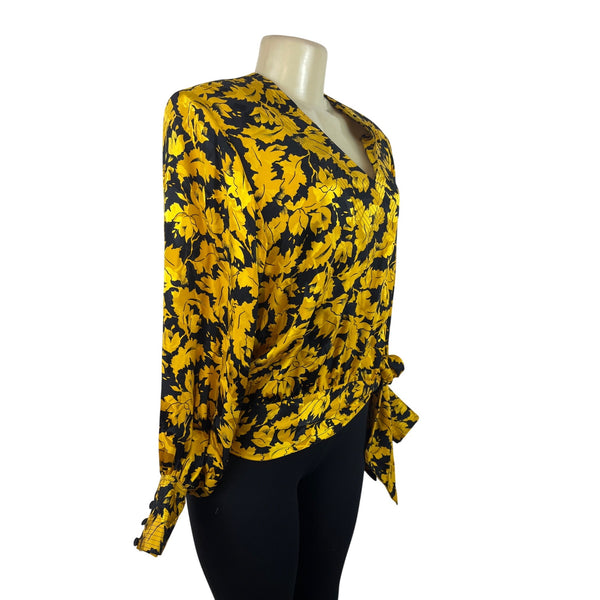 Vintage Giuliana Yellow Black Floral Wrap Blouse With Tie Waist Long Sleeve Sz 8