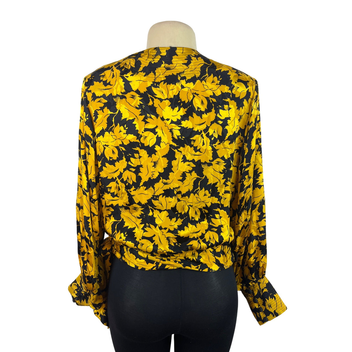 Vintage Giuliana Yellow Black Floral Wrap Blouse With Tie Waist Long Sleeve Sz 8