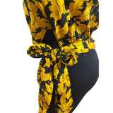 Vintage Giuliana Yellow Black Floral Wrap Blouse With Tie Waist Long Sleeve Sz 8