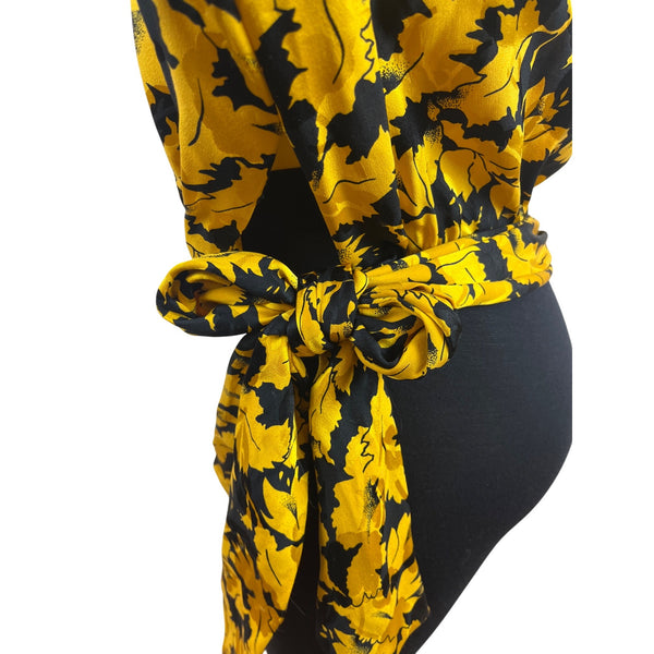 Vintage Giuliana Yellow Black Floral Wrap Blouse With Tie Waist Long Sleeve Sz 8