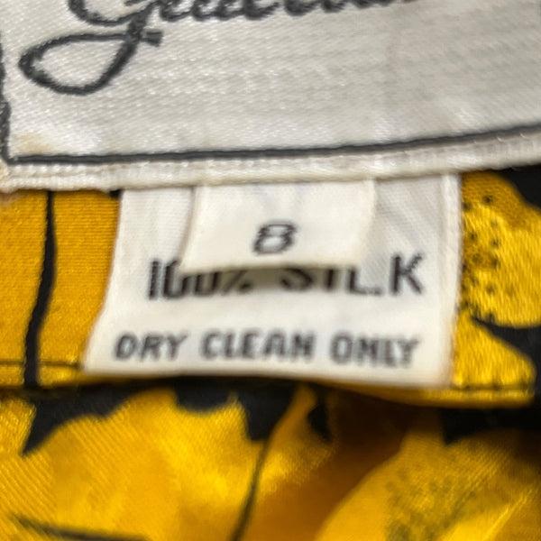 Vintage Giuliana Yellow Black Floral Wrap Blouse With Tie Waist Long Sleeve Sz 8