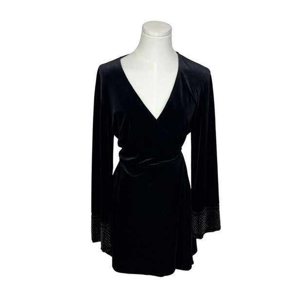 Zara Black Long Sleeve Velvet Wrap Dress With Beaded Cuffs Size L
