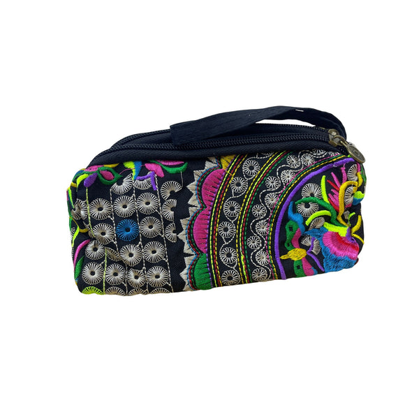 Colorful Floral Embroidered Womens Black Canvas Multi-Compartment Pouch Wristlet Bag
