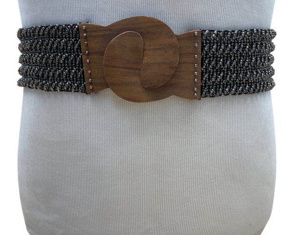 Vintage Black Beaded Stretch Belt With Wooden Clasp Hook