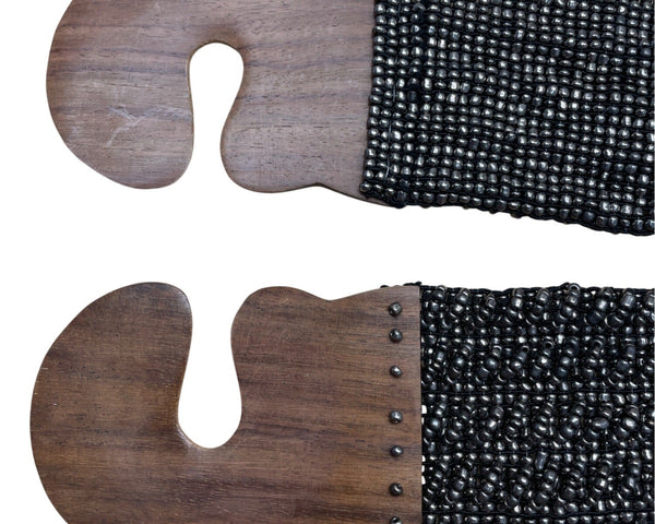 Vintage Black Beaded Stretch Belt With Wooden Clasp Hook