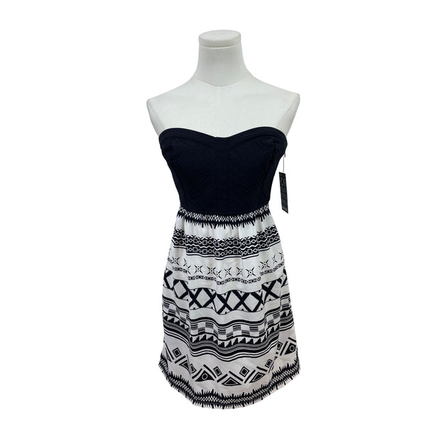 Hurley Women Strapless Black & White Aztec Print Smocked Back Dress Sz XS - New