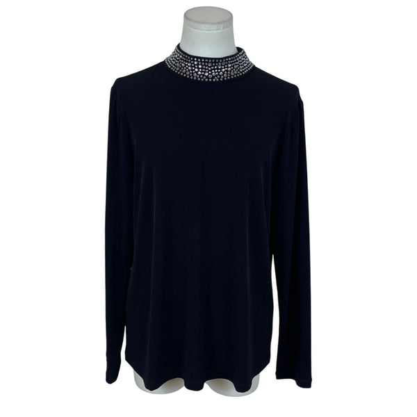 Susan Graver Womens Black Long Sleeve Rhinestone Embellished Mock Neck Top Sz M