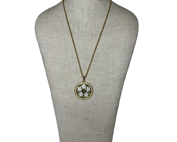 Vintage Gold Tone Enamel Flower Pendant And Necklace - 24in