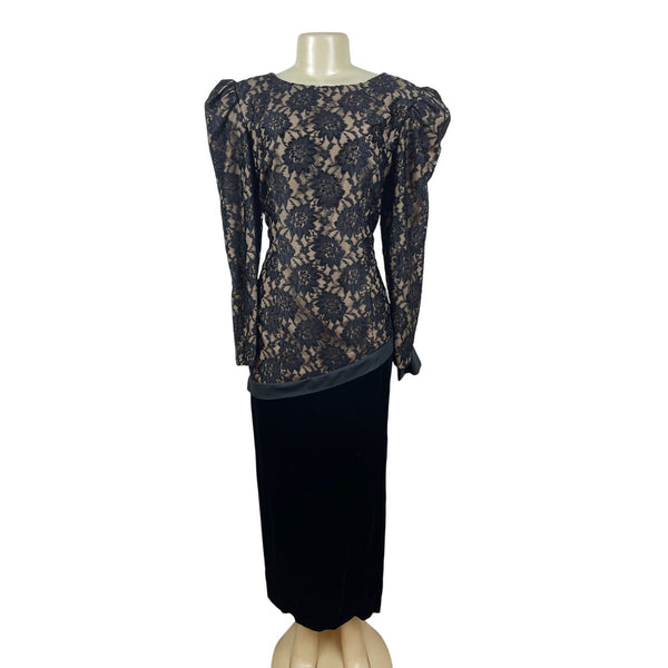 Vintage Black Lace & Velvet Dress With Puff Sleeves & V-Back Size 14