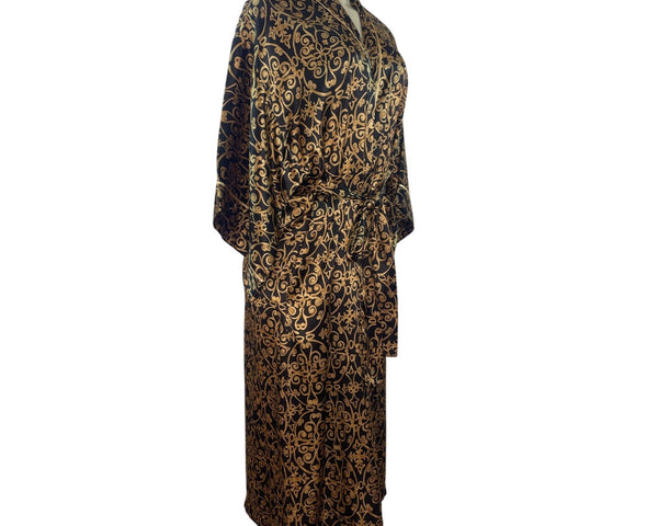 Natori Black & Gold Satin Kimono Robe With Belted Waist & Long Sleeves