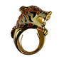 Vintage GKJ Enamel Gold Tone Adjustable Tiger Statement Ring Intricate Design