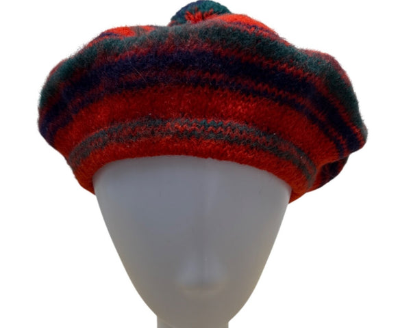 Vintage Wool Striped Knit Beret With Pom-Pom Red & Green Multicolor - One Size