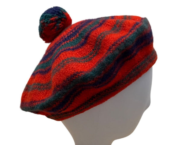 Vintage Wool Striped Knit Beret With Pom-Pom Red & Green Multicolor - One Size