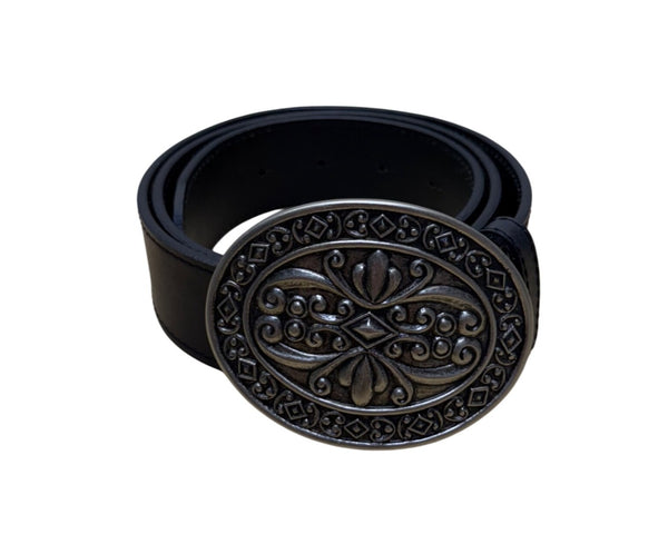Vintage Large Black Leather Belt With Ornate Metal Buckle 40 Inches Adjustable