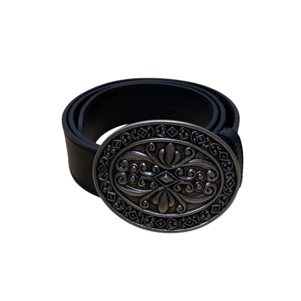 Vintage Large Black Leather Belt With Ornate Metal Buckle 40 Inches Adjustable