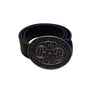 Vintage Large Black Leather Belt With Ornate Metal Buckle 40 Inches Adjustable