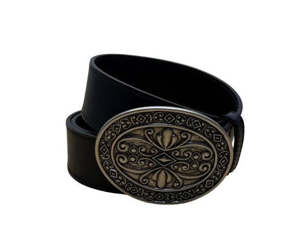 Vintage Large Black Leather Belt With Ornate Metal Buckle 40 Inches Adjustable