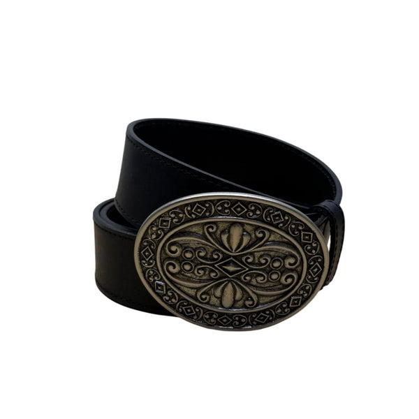 Vintage Large Black Leather Belt With Ornate Metal Buckle 40 Inches Adjustable
