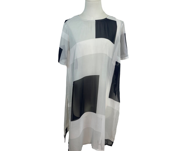 Vince Camuto Geometric Print Sheer Tunic Top White Black Short Sleeve Size L- New