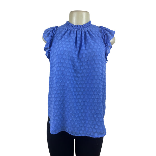 Loft Womens Blue Swiss Dot Textured Sleeveless Ruffled Blouse Sz SP - NEW