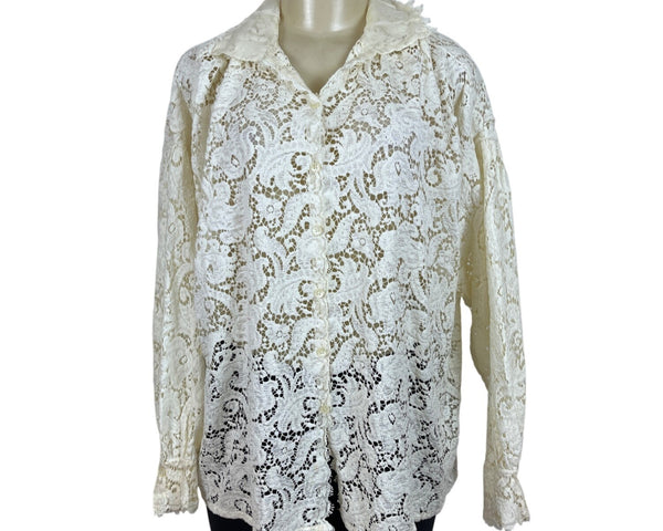 Ellen Tracy Womens Lace Cream Button-Down Top Size M