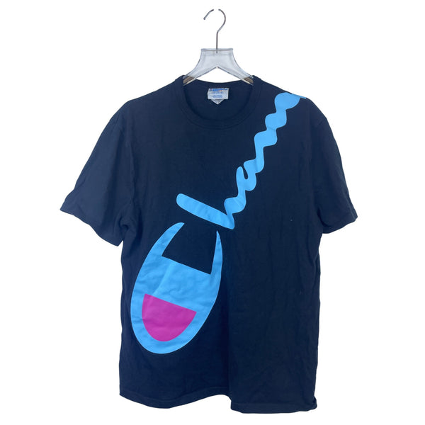 Champion Mens Black Cotton Graphic Tee Large Blue & Pink Vibrant Print Short Sleeve