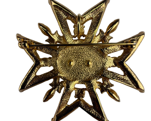 Gold Tone Red & White Faux Pearl Rhinestone Cross Lapel Pin Brooch Ornate Design