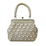Vintage Women's White Ivory Woven Basket Beads Kiss-lock Handbag Sz M