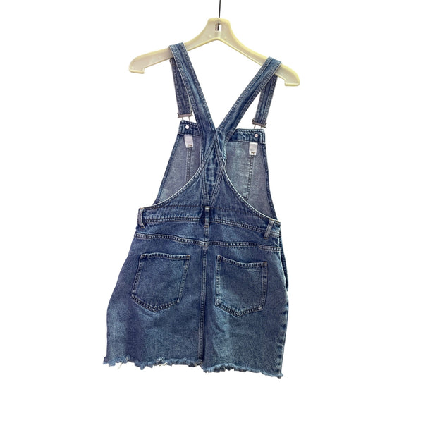 H&M Womens Blue Denim Overall Dress Frayed Hem Cotton Blend Casual Size 4