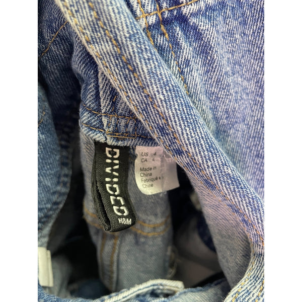 H&M Womens Blue Denim Overall Dress Frayed Hem Cotton Blend Casual Size 4
