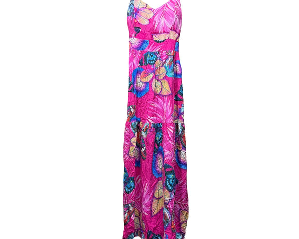 Bright Floral Womens Pink & Blue Maxi Sundress Spaghetti Straps Lightweight Boho Small