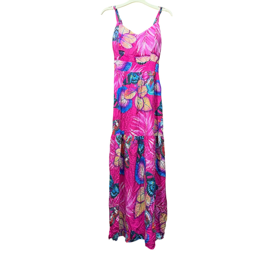 Bright Floral Womens Pink & Blue Maxi Sundress Spaghetti Straps Lightweight Boho Small