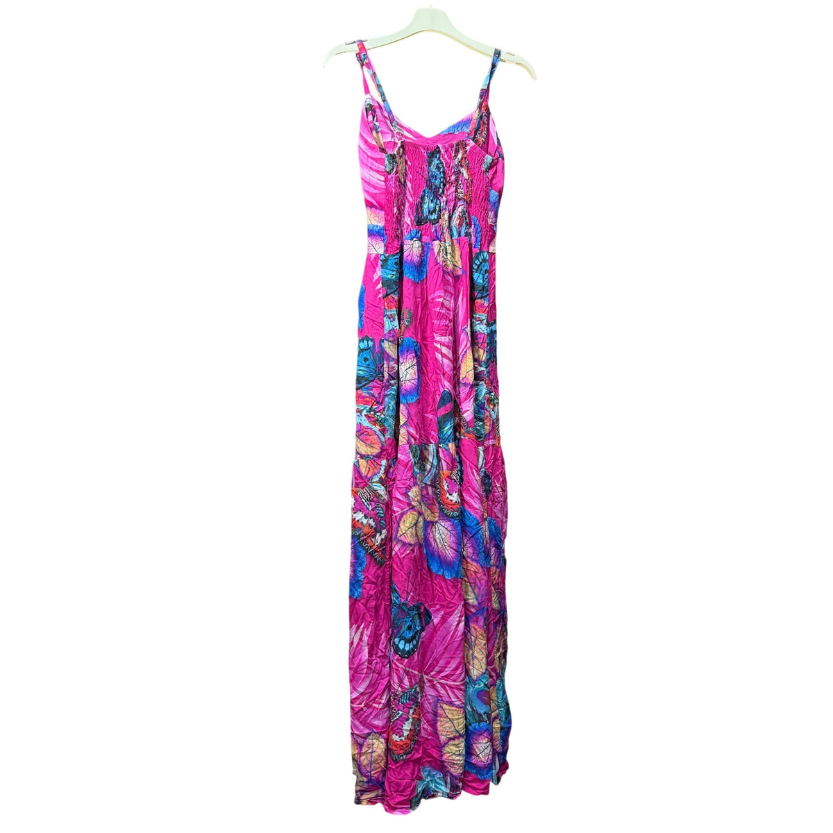 Bright Floral Womens Pink & Blue Maxi Sundress Spaghetti Straps Lightweight Boho Small