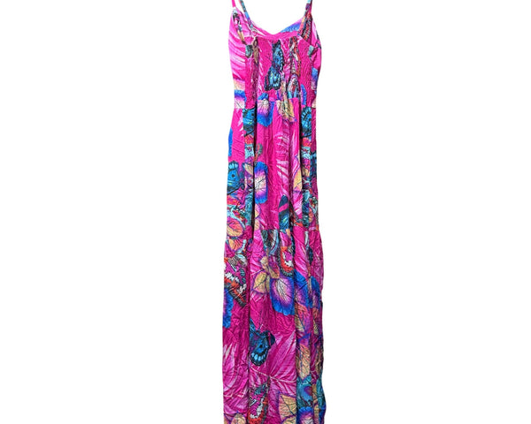Bright Floral Womens Pink & Blue Maxi Sundress Spaghetti Straps Lightweight Boho Small
