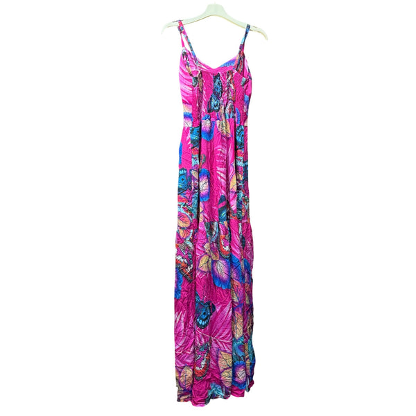 Bright Floral Womens Pink & Blue Maxi Sundress Spaghetti Straps Lightweight Boho Small