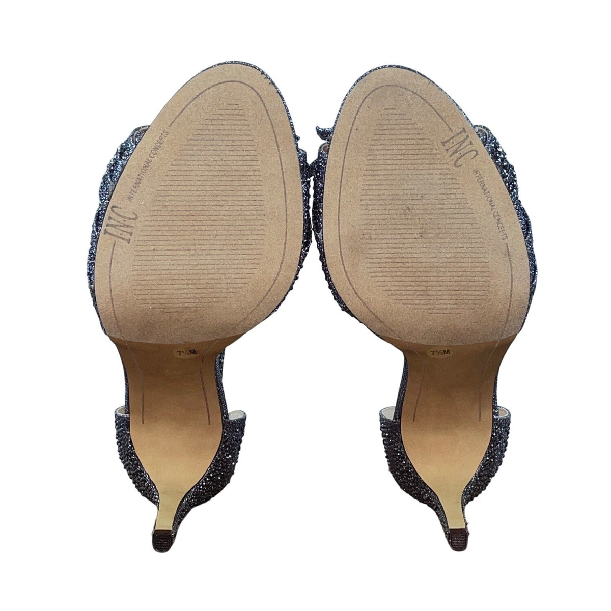 INC International Concepts Pewter Rhinestones Risha T-Strap Heels Sz- 7.5M