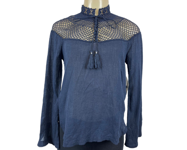 Free People Women's Indigo Blue Boho Tassel Crochet Gauzy Mesh Blouse Top Sz XS - NWT