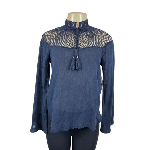 Free People Women's Indigo Blue Boho Tassel Crochet Gauzy Mesh Blouse Top Sz XS - NWT