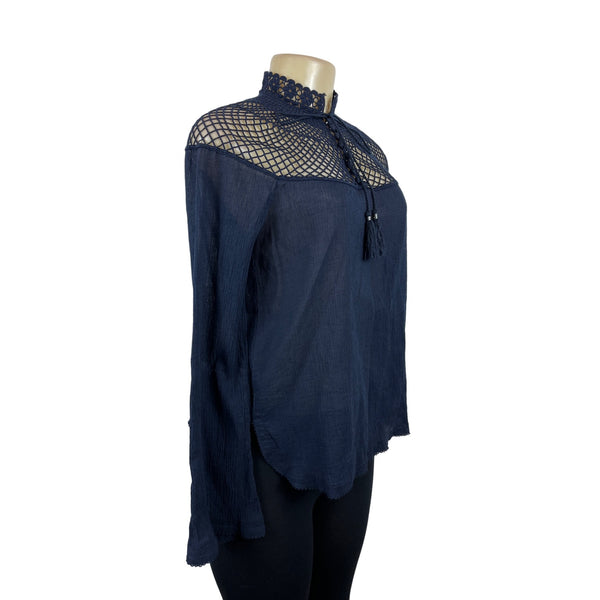 Free People Women's Indigo Blue Boho Tassel Crochet Gauzy Mesh Blouse Top Sz XS - NWT