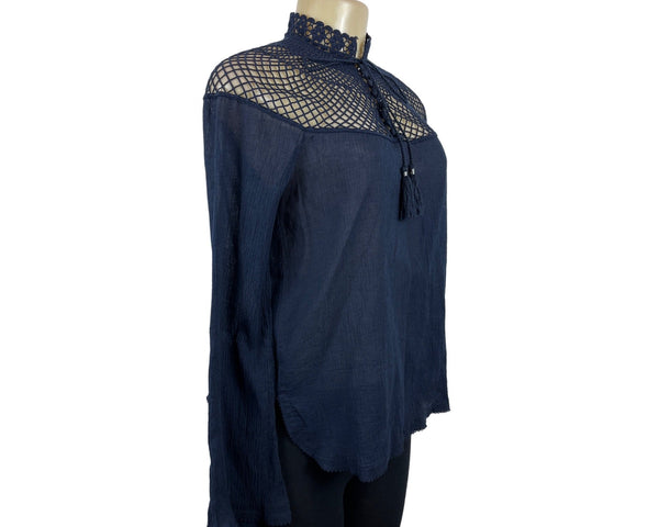 Free People Women's Indigo Blue Boho Tassel Crochet Gauzy Mesh Blouse Top Sz XS - NWT