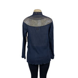 Free People Women's Indigo Blue Boho Tassel Crochet Gauzy Mesh Blouse Top Sz XS - NWT