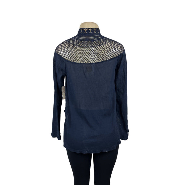 Free People Women's Indigo Blue Boho Tassel Crochet Gauzy Mesh Blouse Top Sz XS - NWT