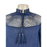 Free People Women's Indigo Blue Boho Tassel Crochet Gauzy Mesh Blouse Top Sz XS - NWT