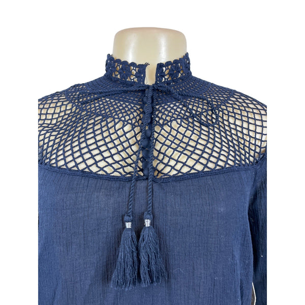 Free People Women's Indigo Blue Boho Tassel Crochet Gauzy Mesh Blouse Top Sz XS - NWT